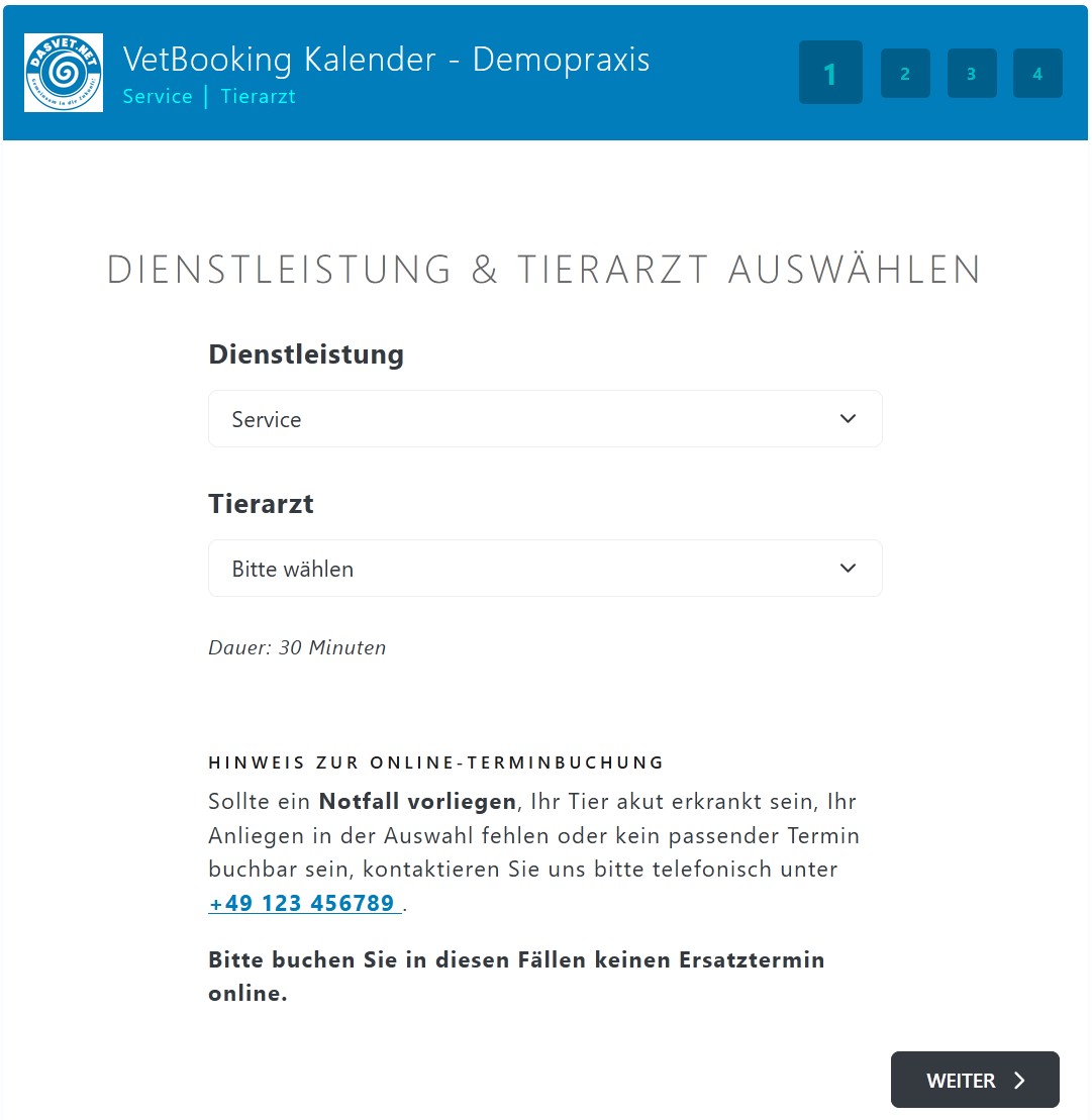 Auswahl von Dienstleistung und Tierarzt im VetBooking-Kalender