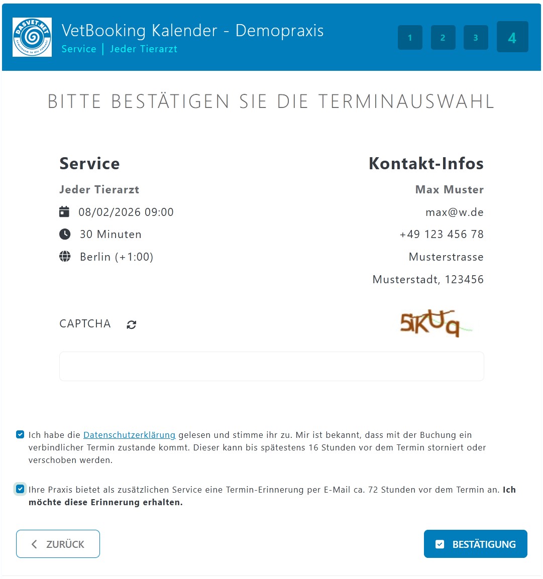 Übersicht zur Bestätigung eines Tierarzttermins